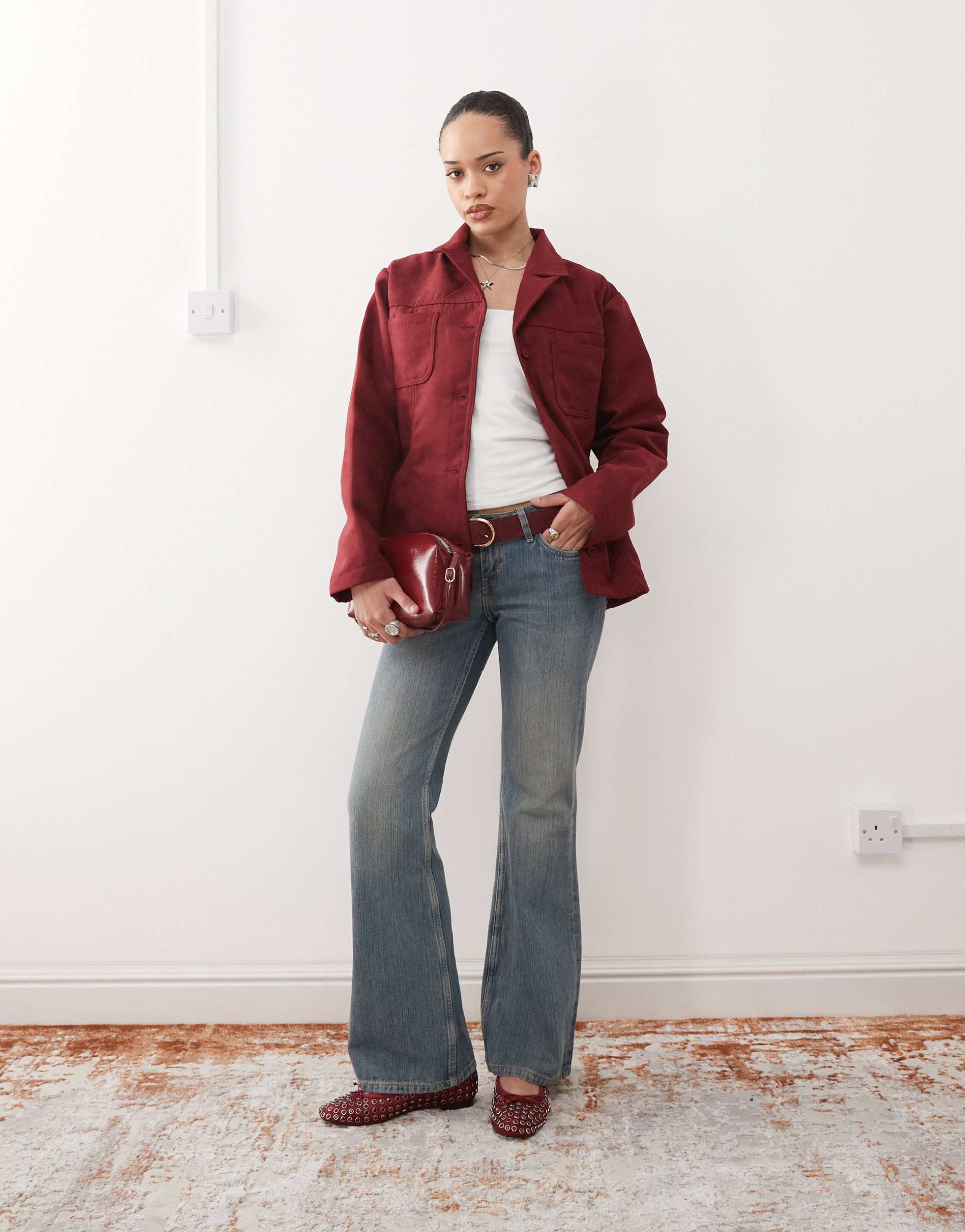 reclaimed vintage faux suede blazer in burgundy