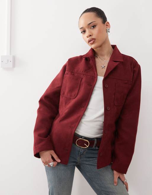 Reclaimed Vintage faux suede blazer in burgundy, 2 of 4