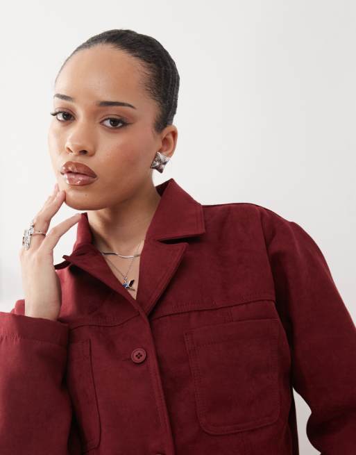 Reclaimed Vintage faux suede blazer in burgundy, 3 of 4