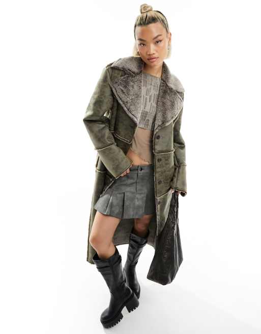 Reclaimed Vintage faux suede coat with faux fur trim ASOS
