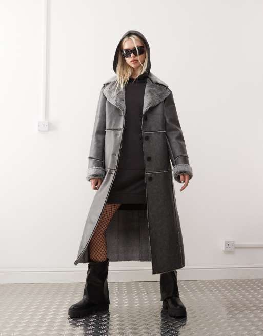 Reclaimed Vintage faux suede coat with faux fur trim