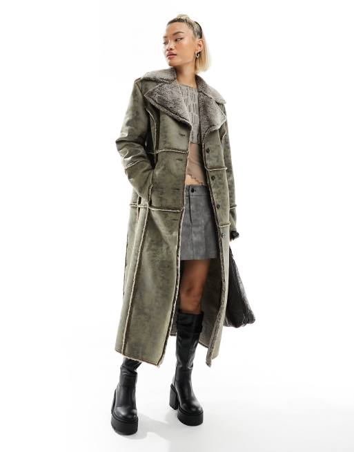 Reclaimed Vintage faux suede coat with fur trim