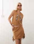 [Reclaimed Vintage] Reclaimed Vintage faux suede festival mini skirt with fringing in tan (part of a set)-Brown 6 TAN
