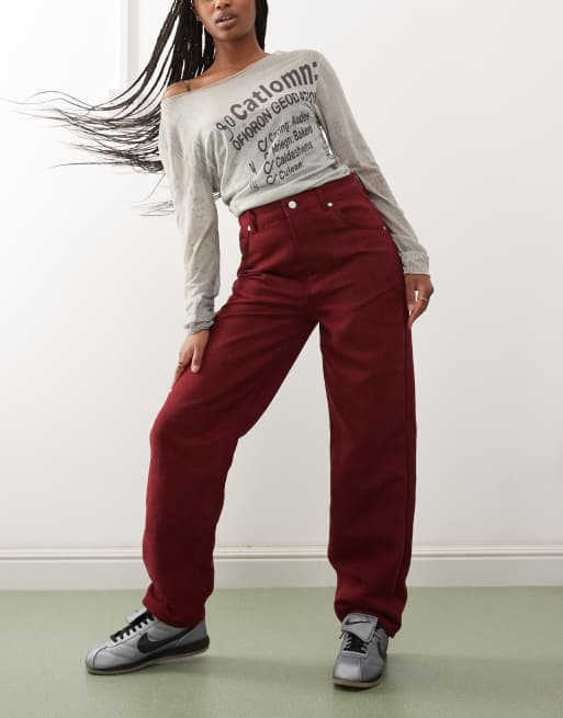 Reclaimed Vintage faux suede straight leg pants in burgundy 
