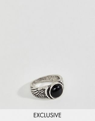 Reclaimed Vintage feather ring in burnished silver with stone