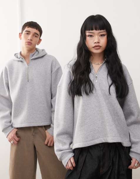 Reclaimed Vintage - Felpa con cappuccio unisex squadrata grigio mélange con zip corta - view 1