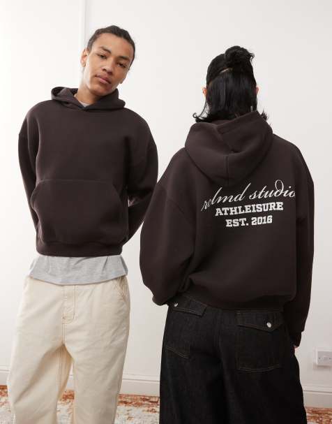 Reclaimed Vintage - Felpa corta squadrata unisex color cioccolato con cappuccio e logo - view 1