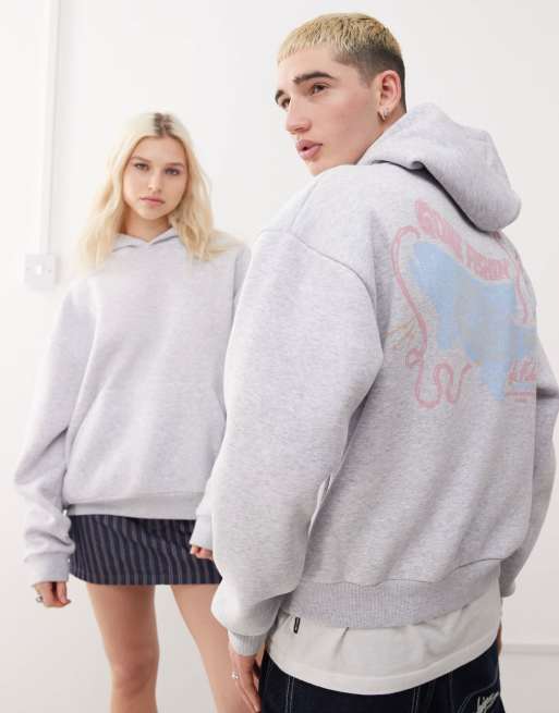 Reclaimed Vintage - Felpa grigia squadrata corta unisex con cappuccio e stampa a tema pesca