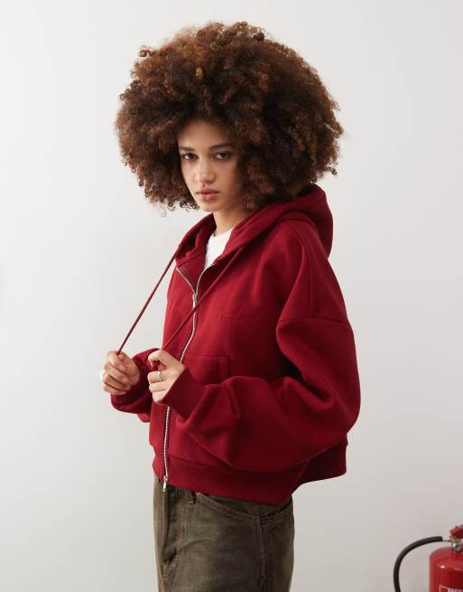 Reclaimed Vintage - Felpa squadrata oversize bordeaux con cappuccio e zip