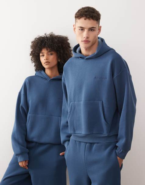 Reclaimed Vintage - Felpa squadrata unisex pesante blu navy con cappuccio in coordinato - view 1