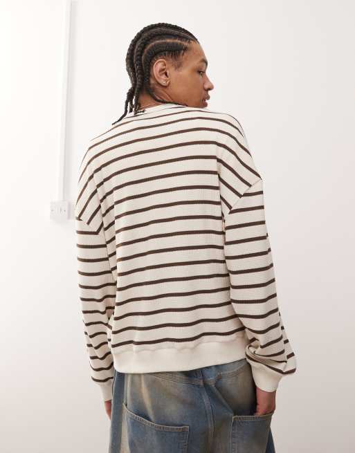 Reclaimed Vintage - Felpa unisex piqué testurizzata a righe crema e marrone , 3 di 4