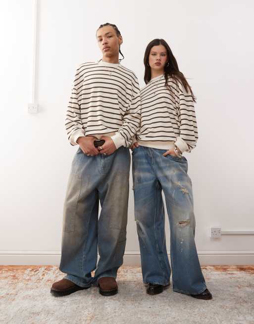 Reclaimed Vintage - Felpa unisex piqué testurizzata a righe crema e marrone , 4 di 4