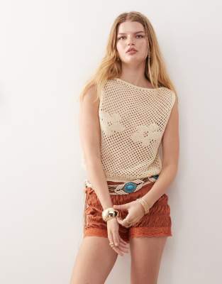 Reclaimed Vintage Festival Crochet Knit Tank Top With Flower Detail