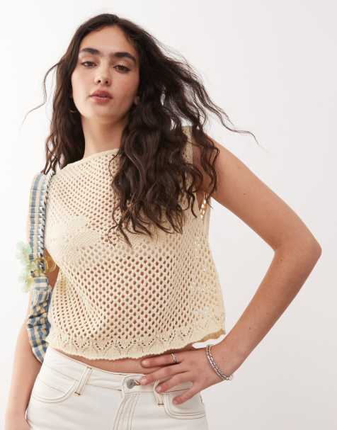 Reclaimed Vintage festival crochet knitted tank with flower detail in cream - view 1