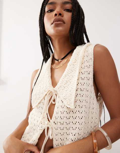 Reclaimed Vintage festival crochet tie front tank top with collar in cream - view 1