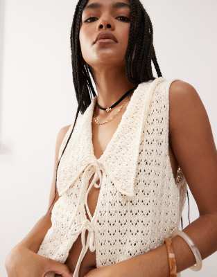 Reclaimed Vintage festival crochet tie front tank top with collar in cream