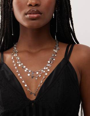 festival disc chain layered long necklace in silver tone