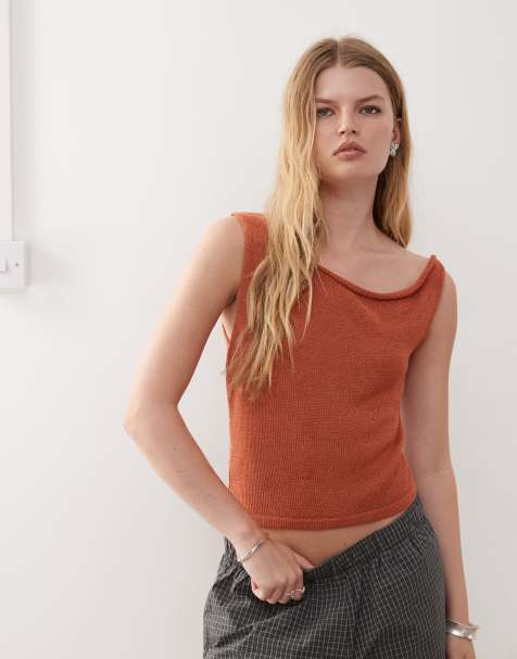 Reclaimed Vintage festival knitted one shoulder detail top in rust - view 1