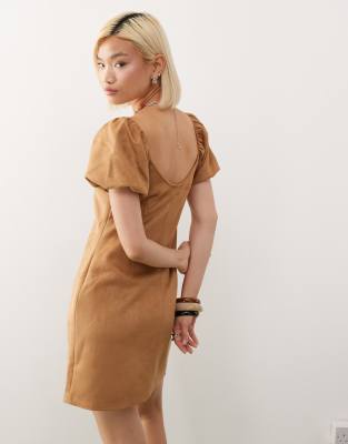 Reclaimed Vintage festival lace up faux suede mini dress in tan-Brown