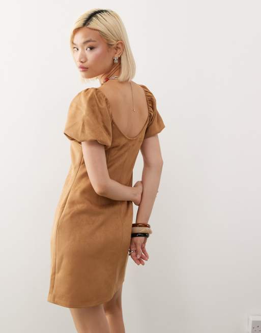 Reclaimed Vintage Festival Lace Up Faux Suede Mini Dress in tan-Brown