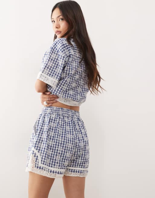 Reclaimed Vintage pull on boxy shorts with crochet trim in blue gingham