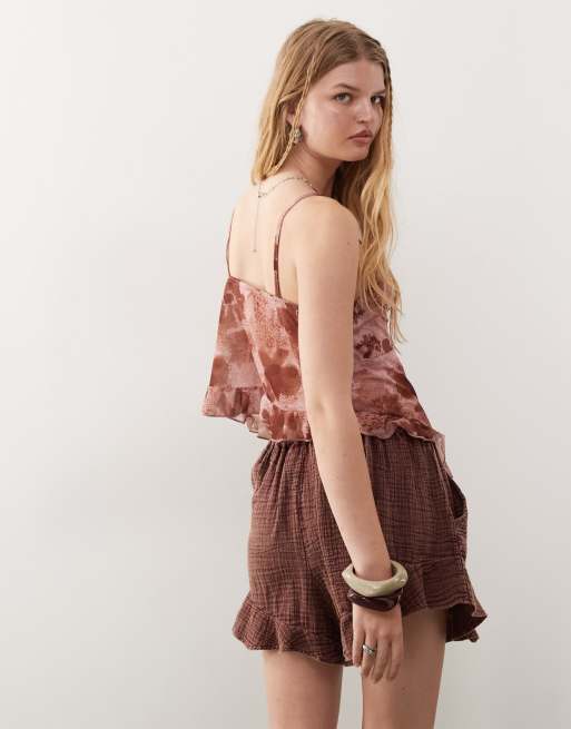 Reclaimed Vintage festival pull on shorts with drawstring in chocolate , 3 of 5