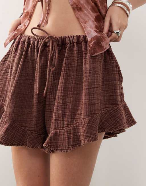 Reclaimed Vintage festival pull on shorts with drawstring in chocolate , 4 of 5