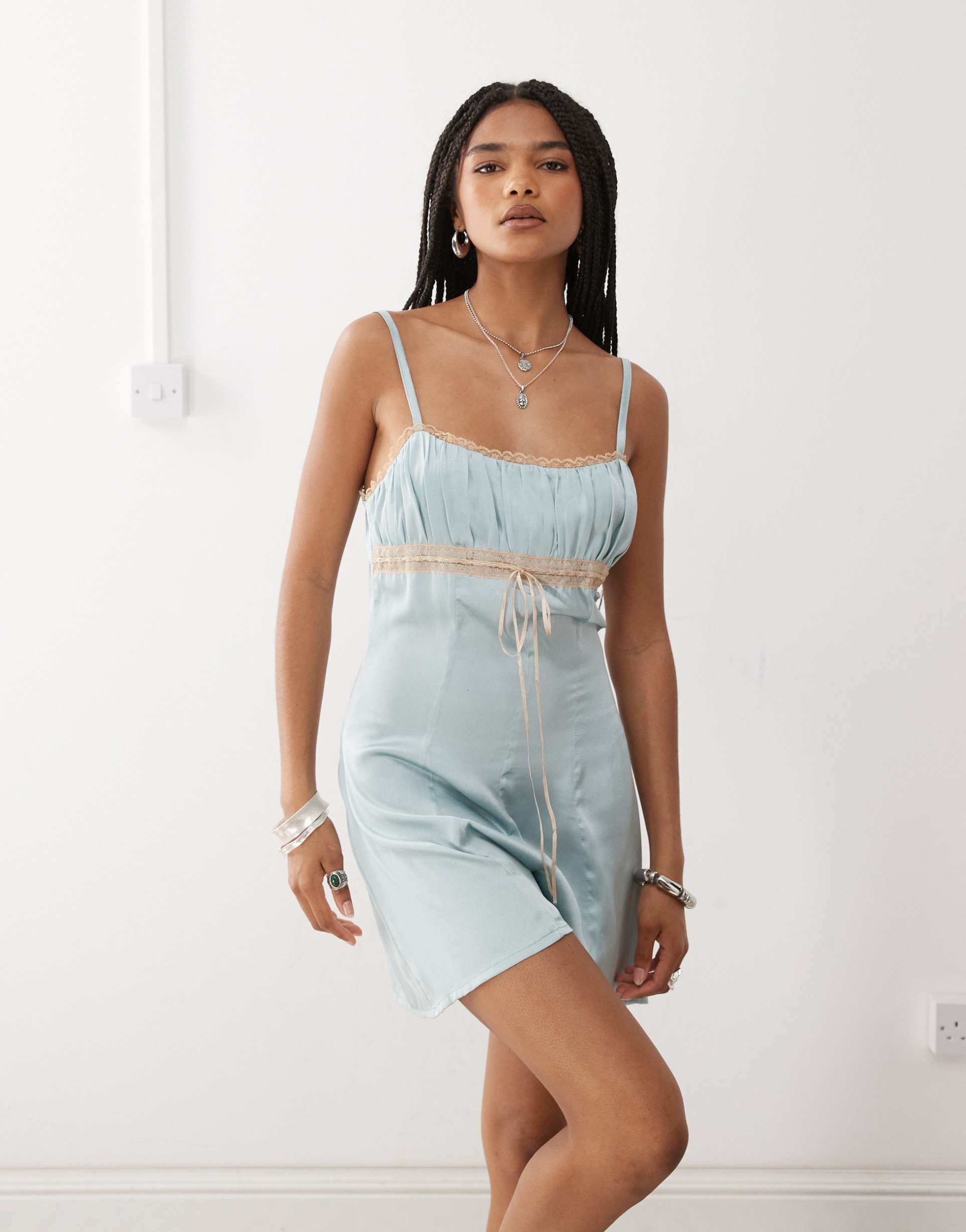 reclaimed vintage festival satin romper in mint green with lace trims