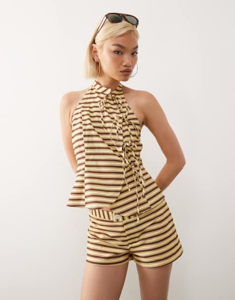 Reclaimed Vintage festival tie side waistcoat in butter yellow and chocolate stripes