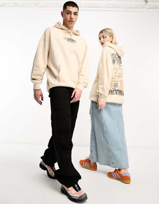 Reclaimed Vintage – Festiwalowa bluza z kapturem unisex w kolorze ecru z nadrukiem