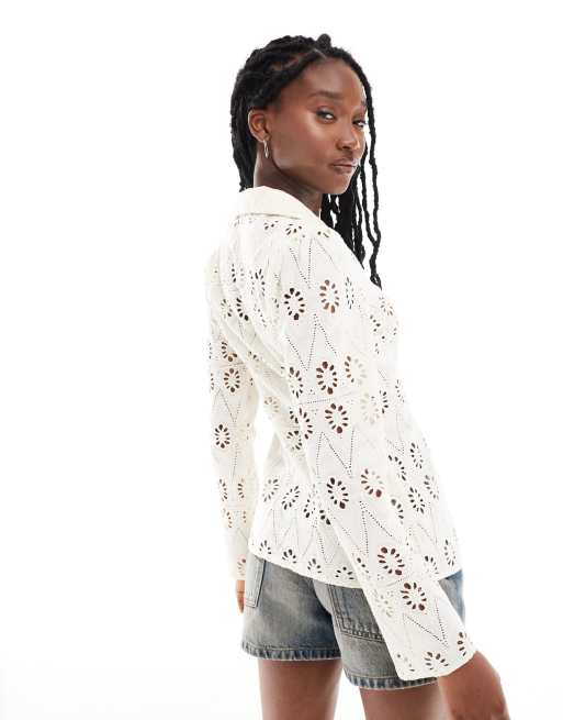 Reclaimed Vintage – Figurbetonte Western-Bluse in gebrochenem Weiß mit Lochstickerei, 4 von 4
