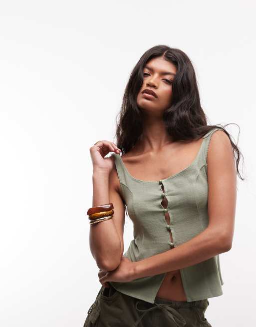 Reclaimed Vintage figursydd blus i linne med picotkant i khaki