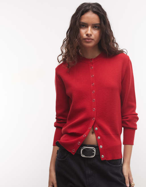 Reclaimed Vintage fine knit cardigan with poppers in red, 1 of 4