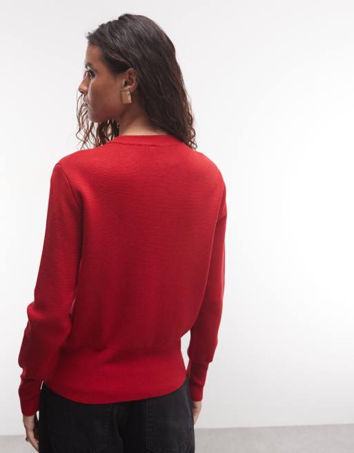 Reclaimed Vintage fine knit cardigan with poppers in red, 4 of 4