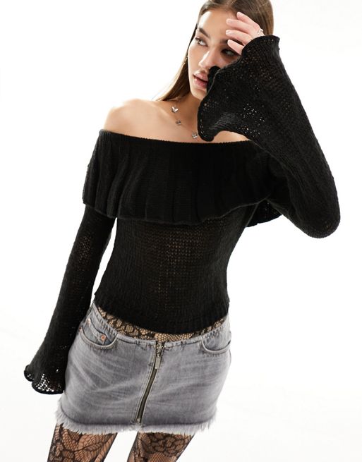  Reclaimed Vintage fine knit off shoulder top with flute sleeves in black