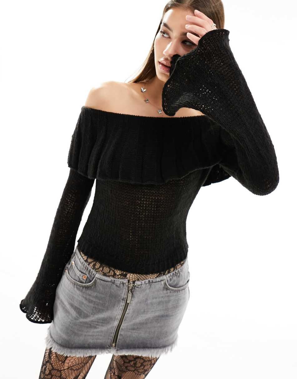 Reclaimed Vintage fine knit off shoulder top with flute sleeves in black