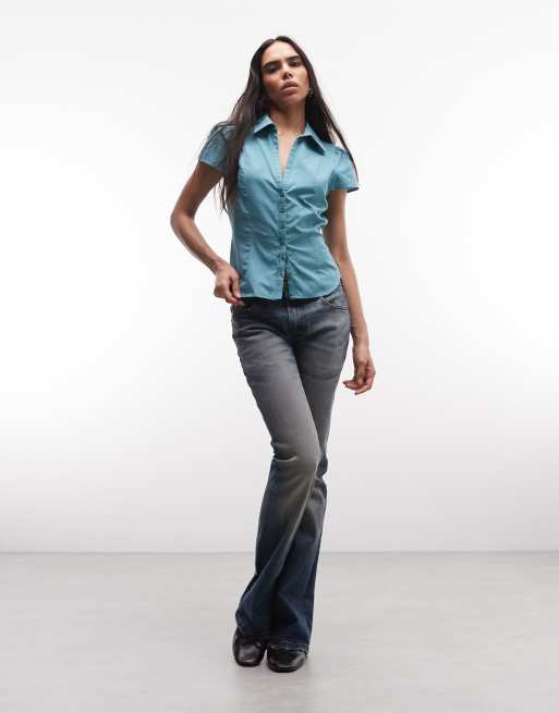 Reclaimed Vintage fitted cap sleeve with tie waist detail in blue, 1 of 4
