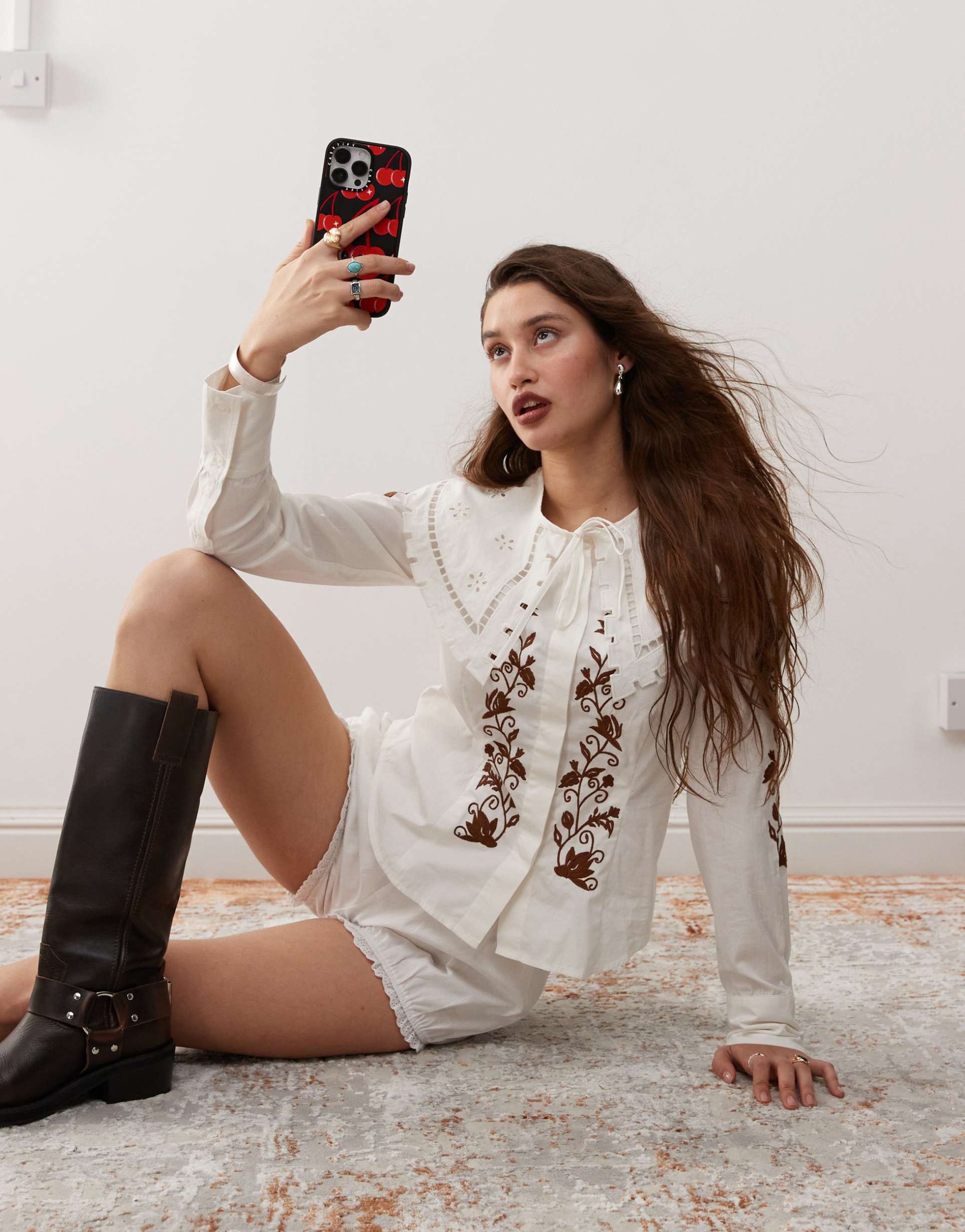 reclaimed vintage fitted collar shirt with western embroidery detail