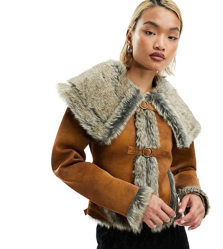 fitted faux suede jacket with faux fur trim and buckles-Brown