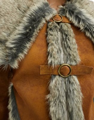 Reclaimed Vintage fitted faux suede jacket with faux fur trim and buckles