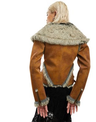 Reclaimed Vintage fitted faux suede jacket with faux fur trim and buckles