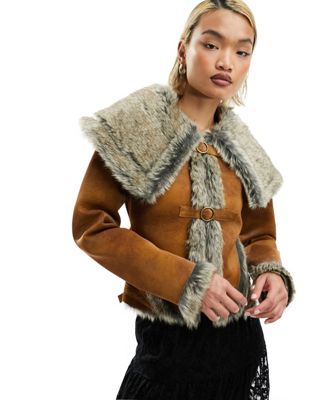 Reclaimed Vintage fitted faux suede jacket with fur trim and buckles-Brown