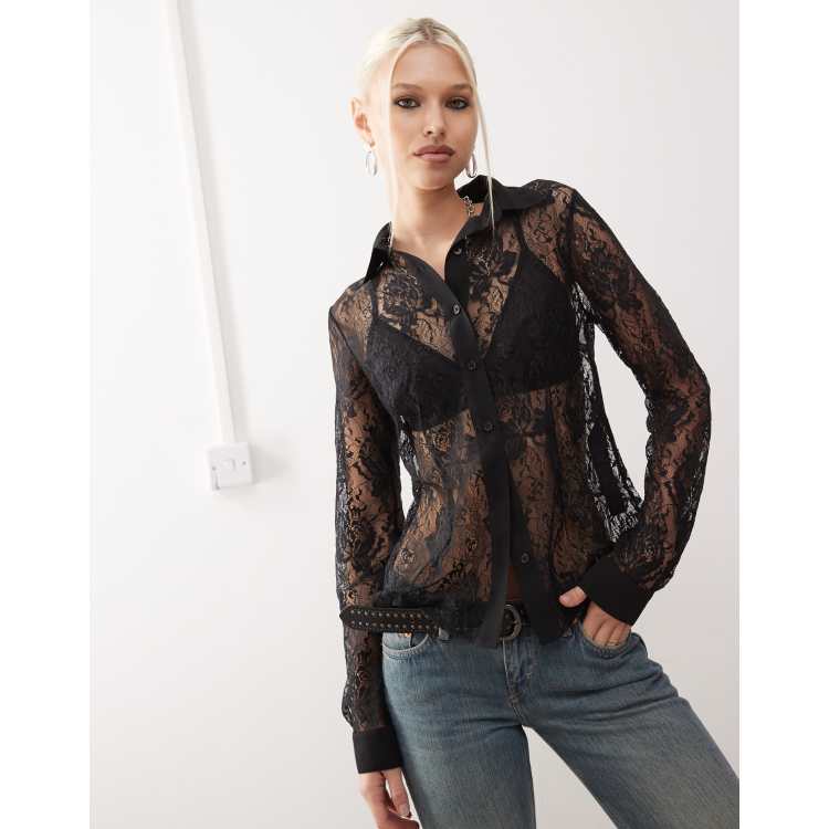 トップス vintage Black sheer top antique lace Vintage 80s 90s Lace Top + Skirt Set. Lace Long Sleeve