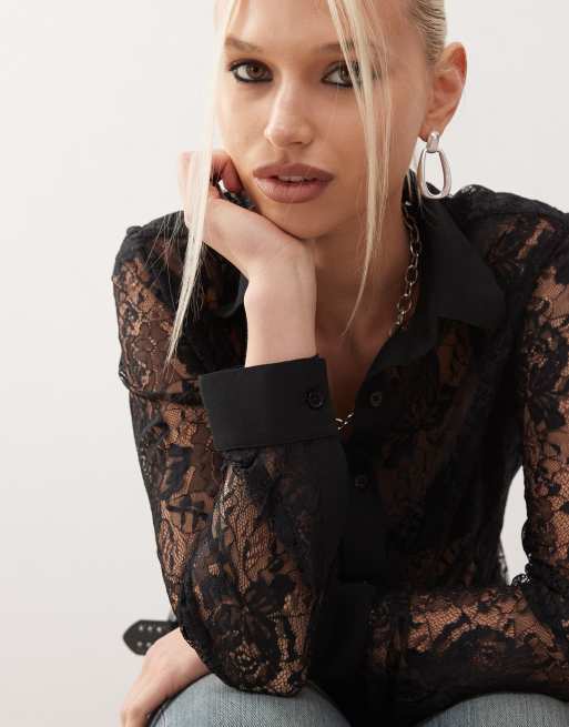 Reclaimed Vintage fitted lace shirt in black | ASOS