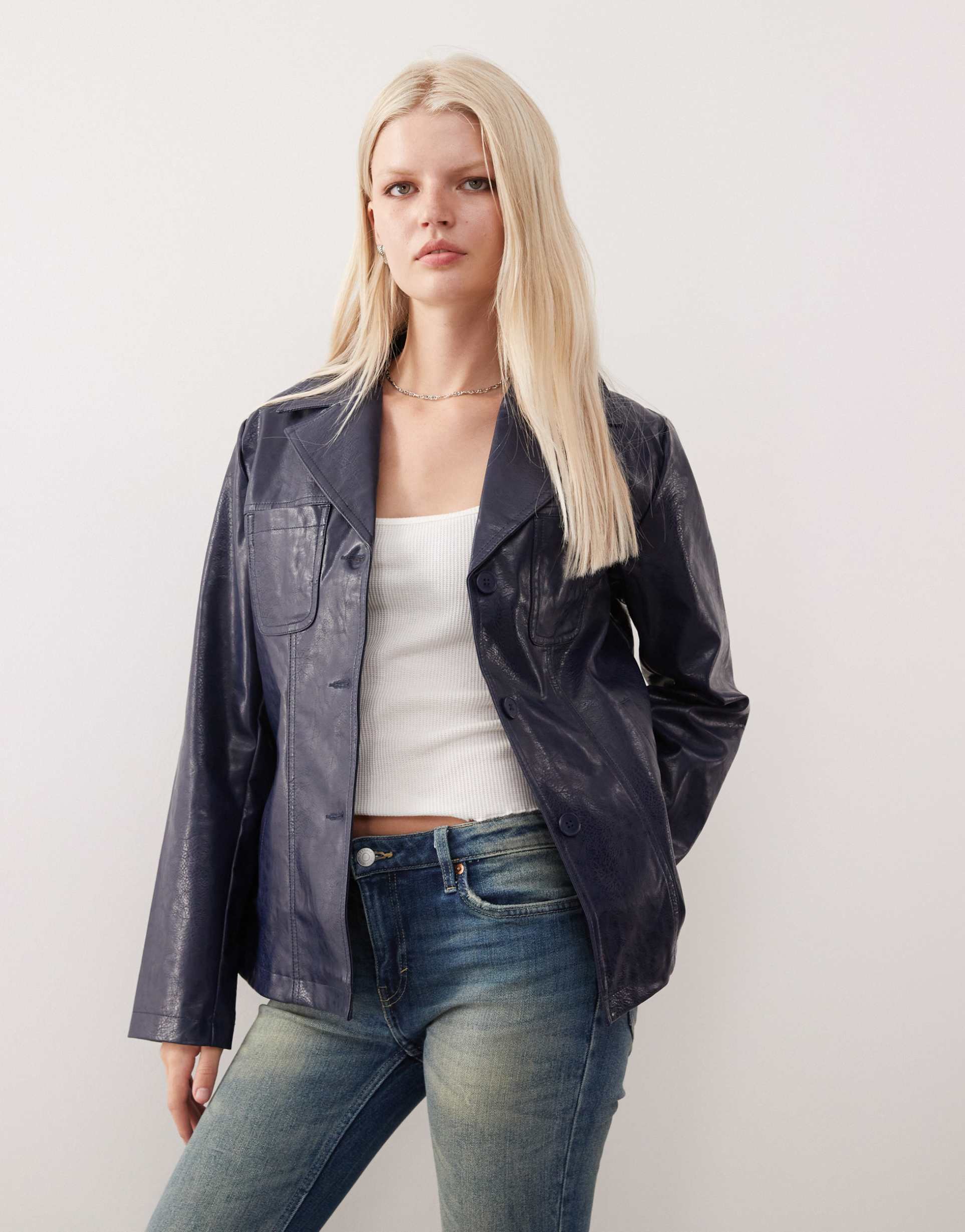 reclaimed vintage fitted leather look blazer coat in ink blue