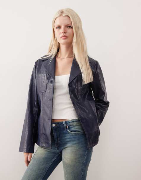 Reclaimed Vintage fitted leather look blazer coat in ink blue 