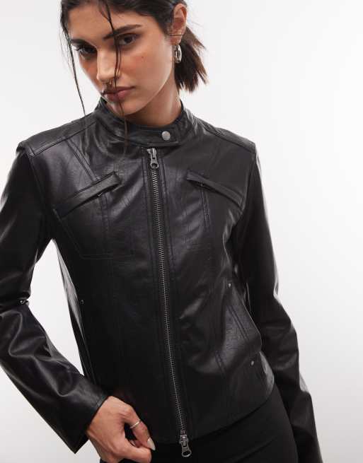 Reclaimed Vintage fitted leather look jacket in black, 3 of 4