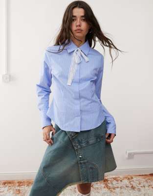 fitted shirt with lace tie detail in blue pinstripe-Multi