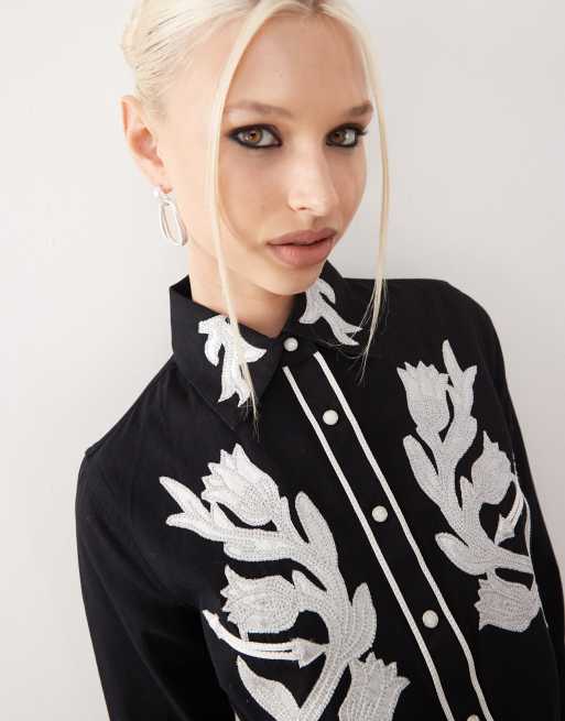Reclaimed Vintage fitted shirt with western detail in black, 4 of 4