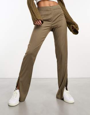 flare pants with zip side slits in brown pinstripe-Multi